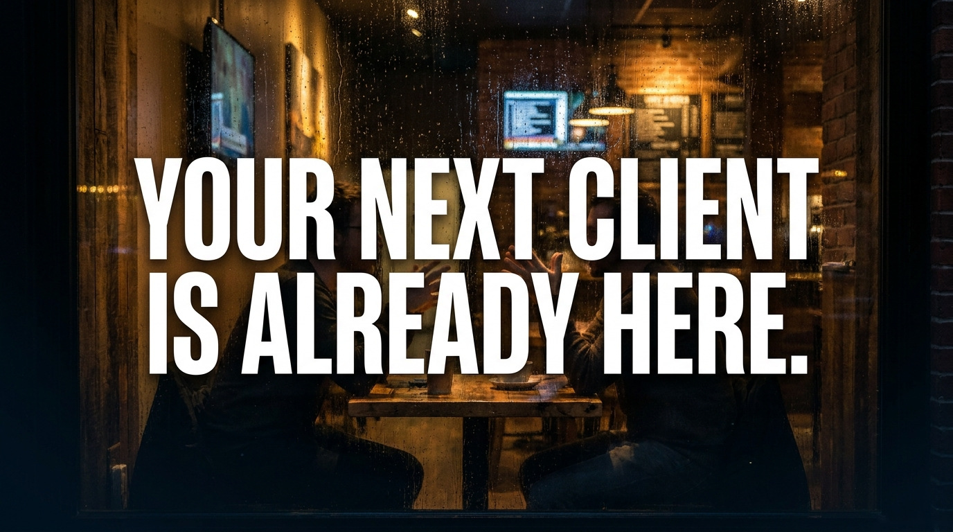 Your next client is already here. Two people talking in a café, seen through a rainy window.