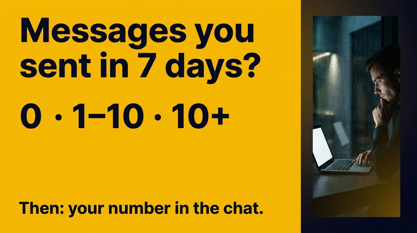 Messages you sent in 7 days? 0 · 1–10 · 10+. Then: your number in the chat. Gold writing slide with a photo strip.