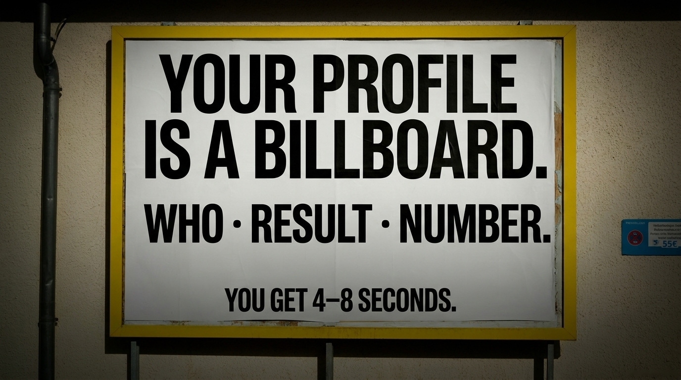 Your profile is a billboard. Who · Result · Number. You get 4–8 seconds.