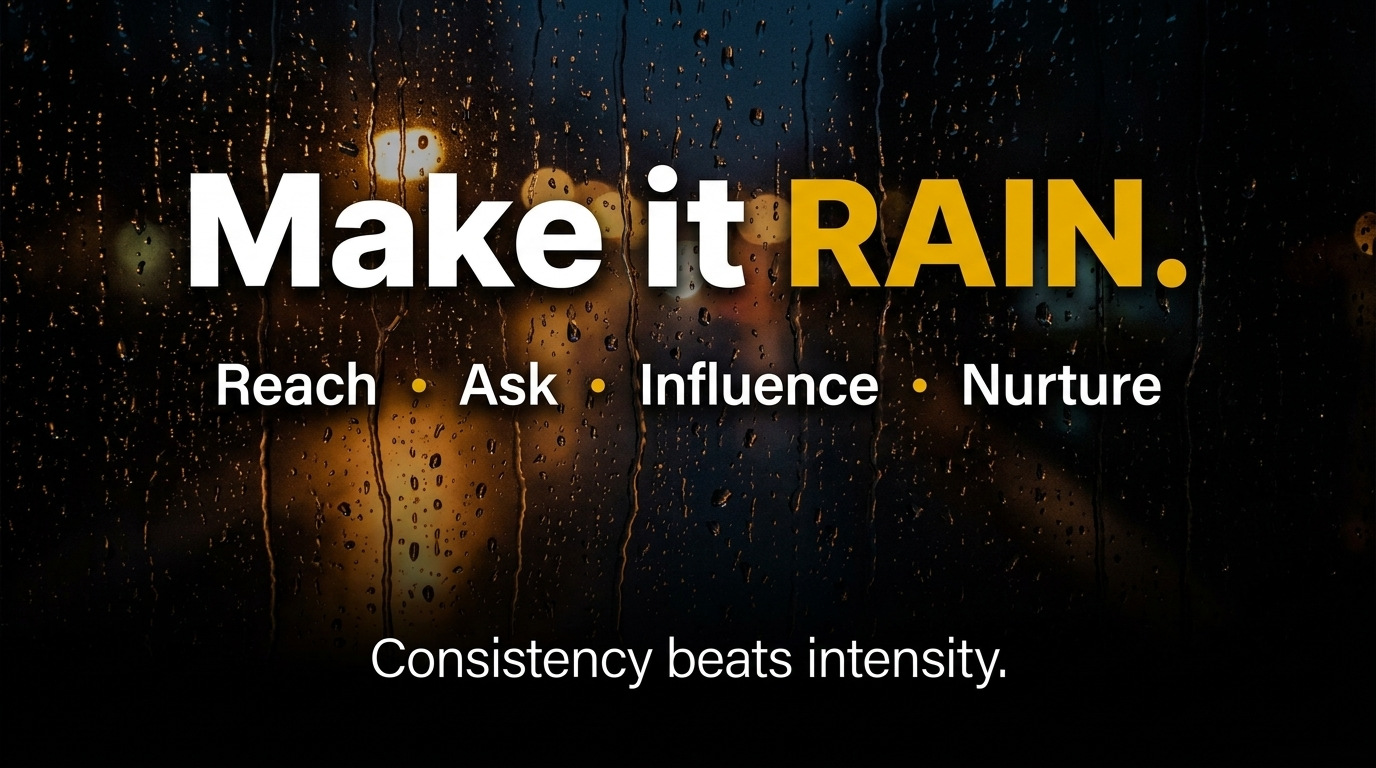 Make it RAIN. Reach · Ask · Influence · Nurture. Consistency beats intensity.