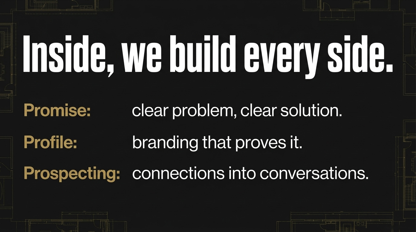 Inside, we build every side. Promise: clear problem, clear solution. Profile: branding that proves it. Prospecting: connections into conversations.