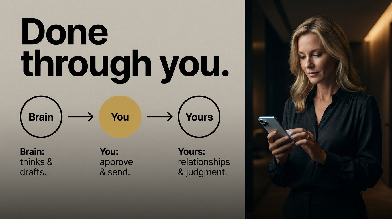 Done through you. Brain: thinks & drafts. You: approve & send. Yours: relationships & judgment.