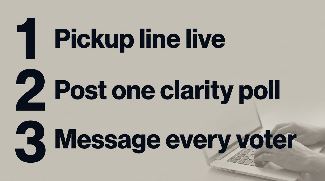 1 Pickup line live. 2 Post one clarity poll. 3 Message every voter.