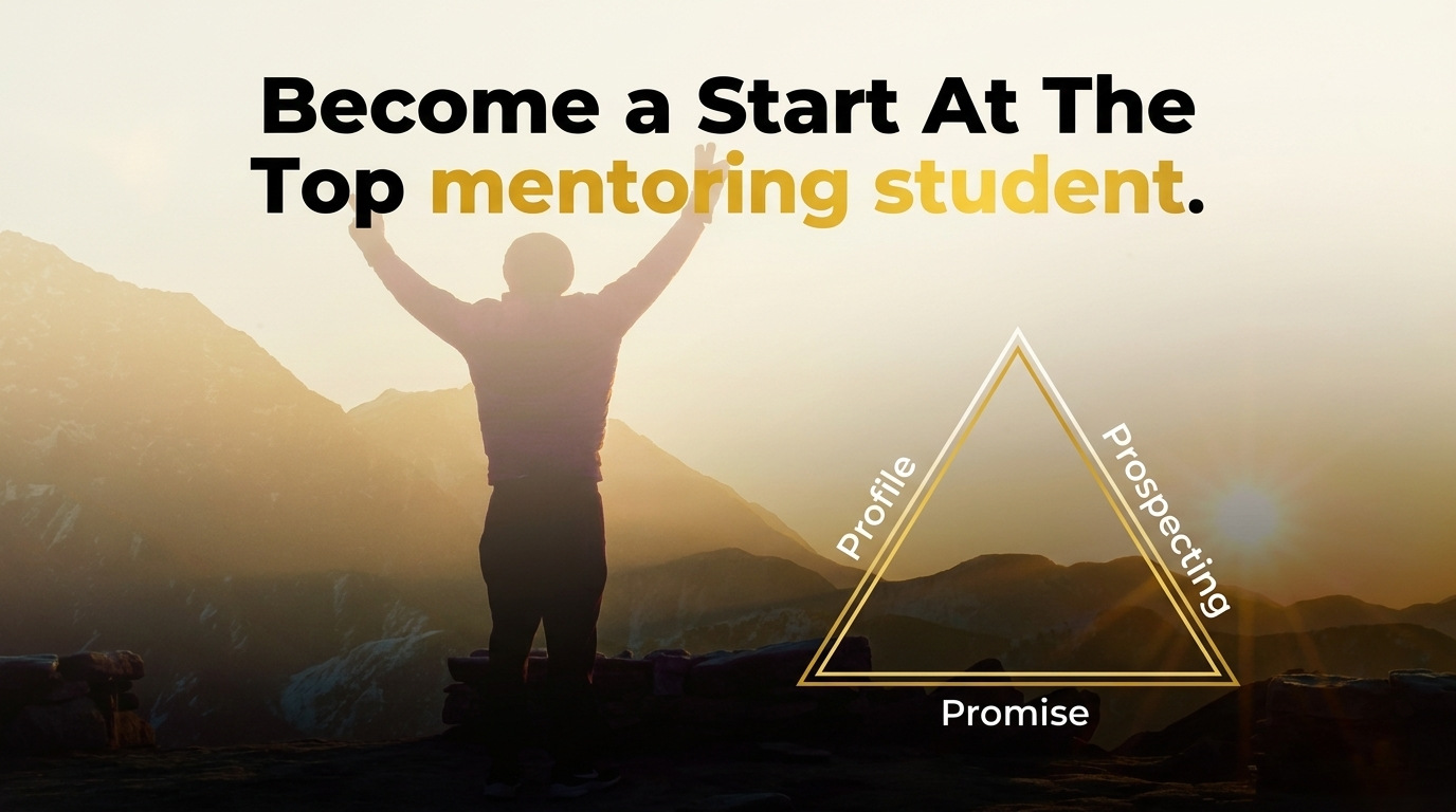 Become a Start At The Top mentoring student. A person celebrating on a summit, the triangle on the horizon.